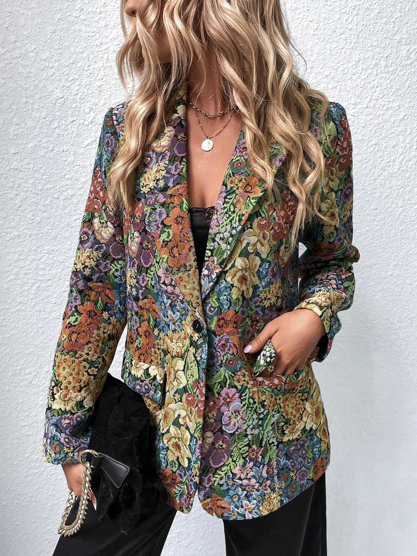 Allover Floral Print Single Button Blazer