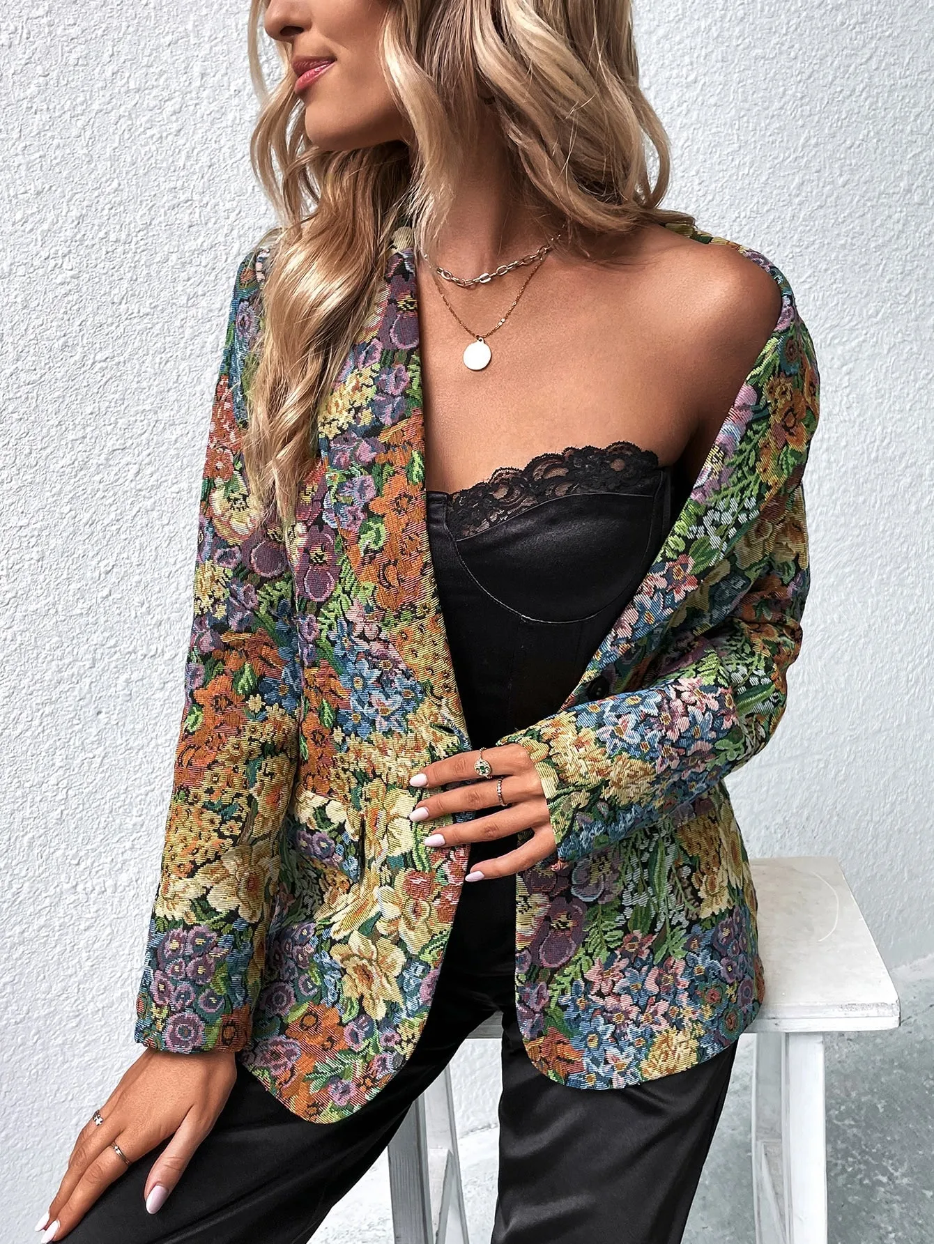 Allover Floral Print Single Button Blazer