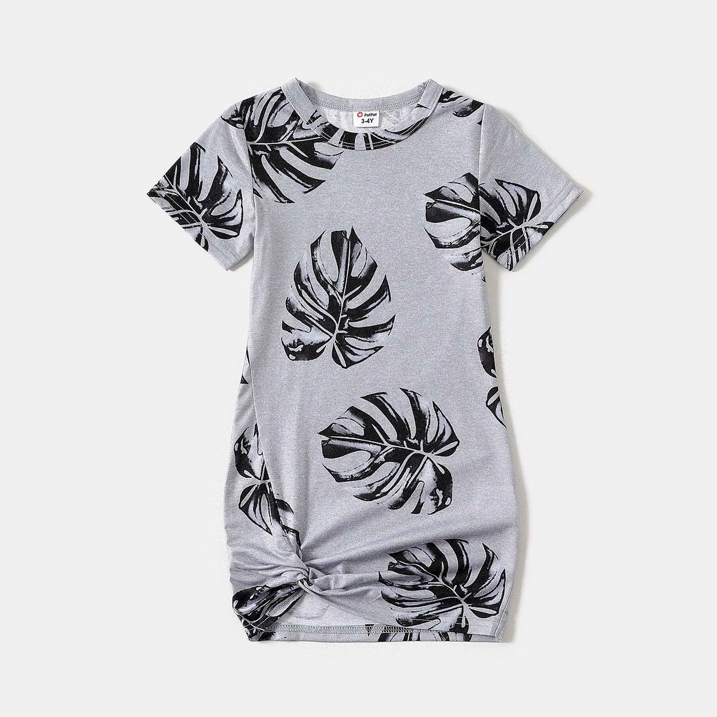 Allover Palm Leaf Print Grey Short-sleeve Twist Knot Bodycon Dress for Mom and Me