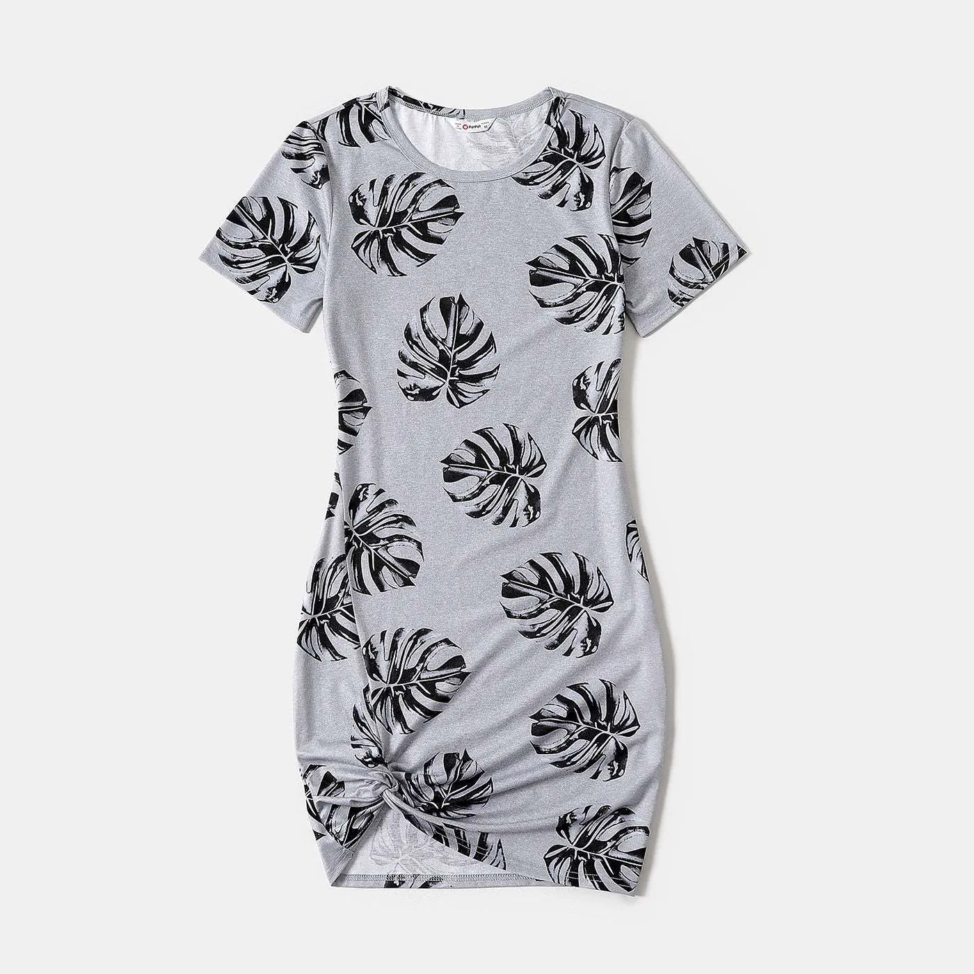 Allover Palm Leaf Print Grey Short-sleeve Twist Knot Bodycon Dress for Mom and Me