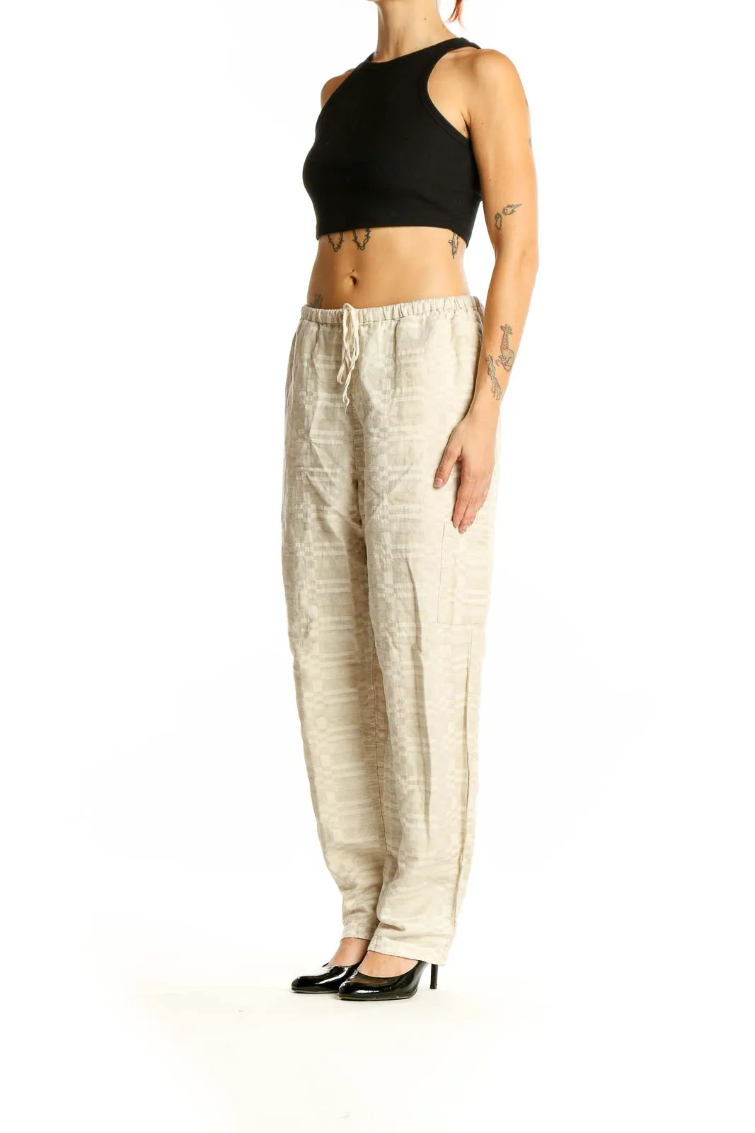 Beige Cotton-Linen Blend Relaxed Fit Pants