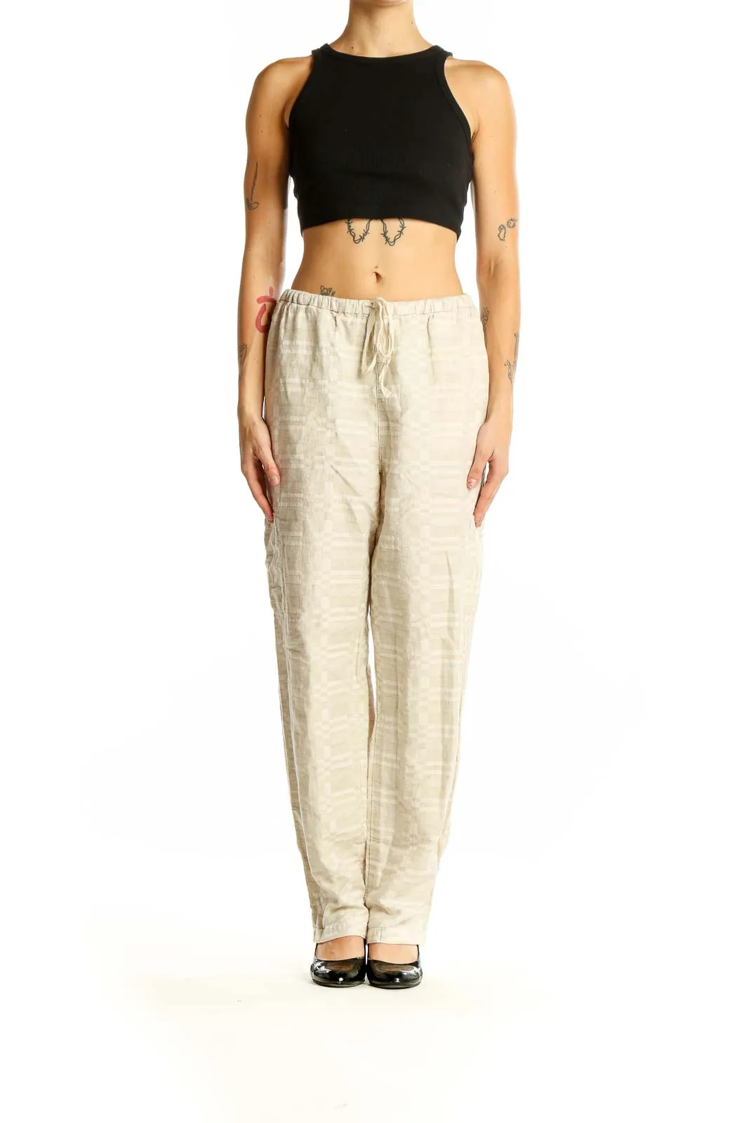 Beige Cotton-Linen Blend Relaxed Fit Pants