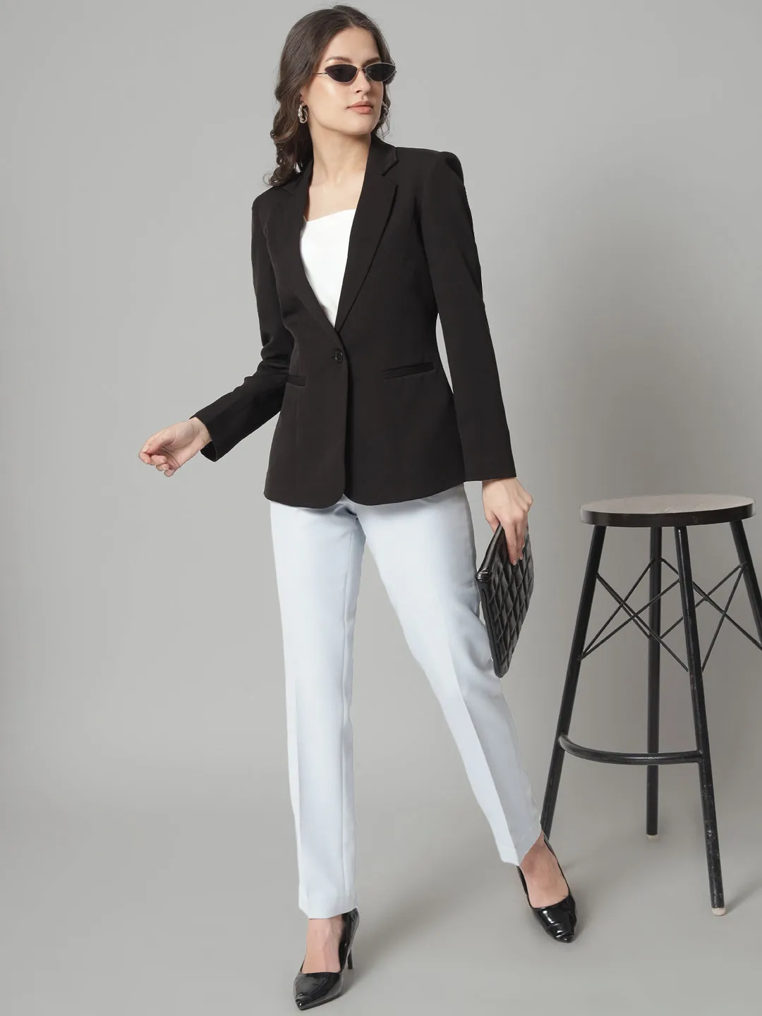 Black Marina Polyester Stretch Notch Collar Blazer