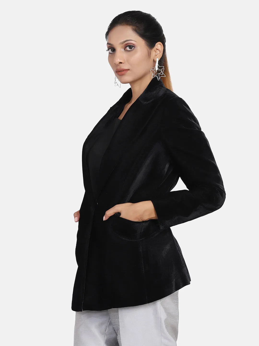 Black Velvet Blended Polyester Blazer