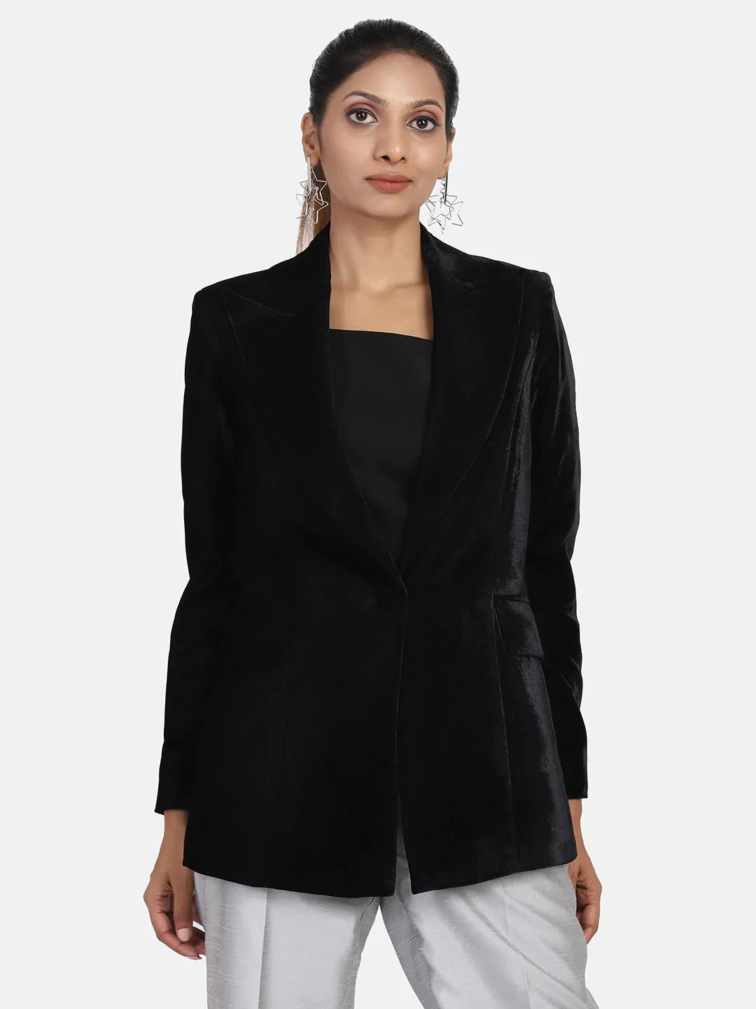 Black Velvet Blended Polyester Blazer