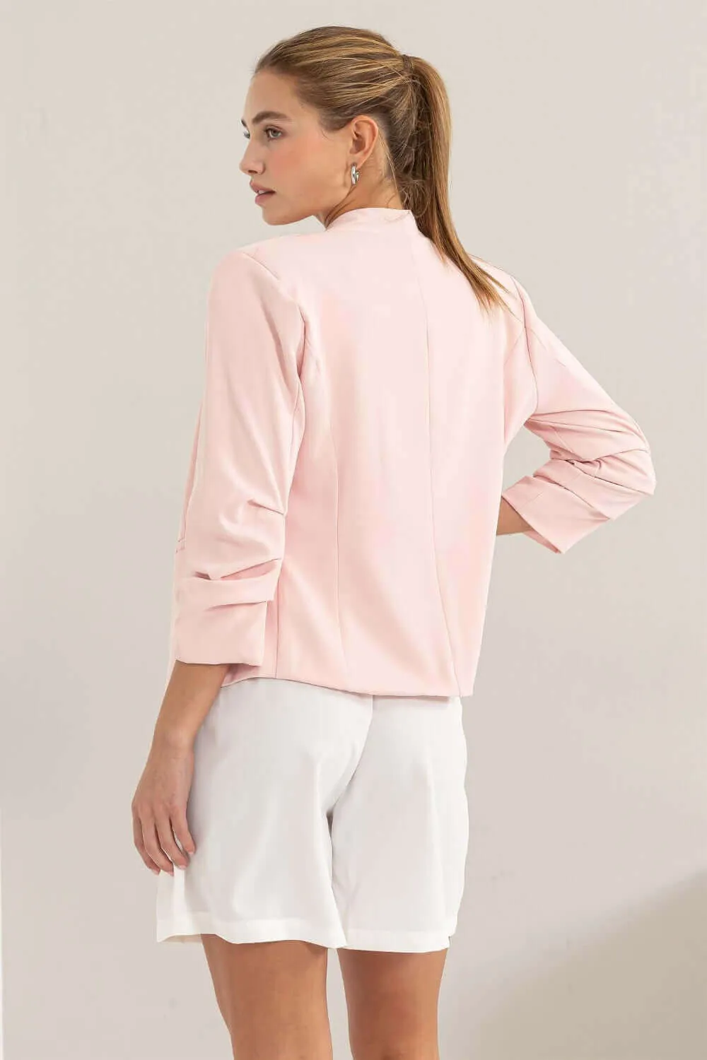 Blush Pink Open Front Ruched Sleeve Blazer