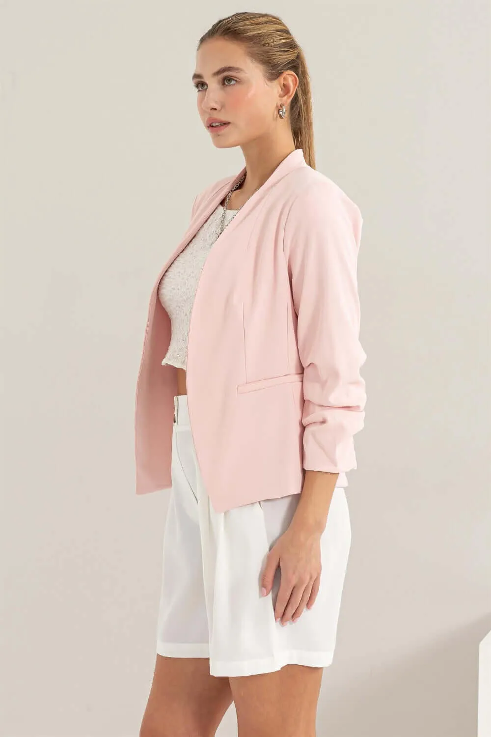 Blush Pink Open Front Ruched Sleeve Blazer