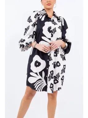 Button - Down Black & White Floral Print Shirt Dress