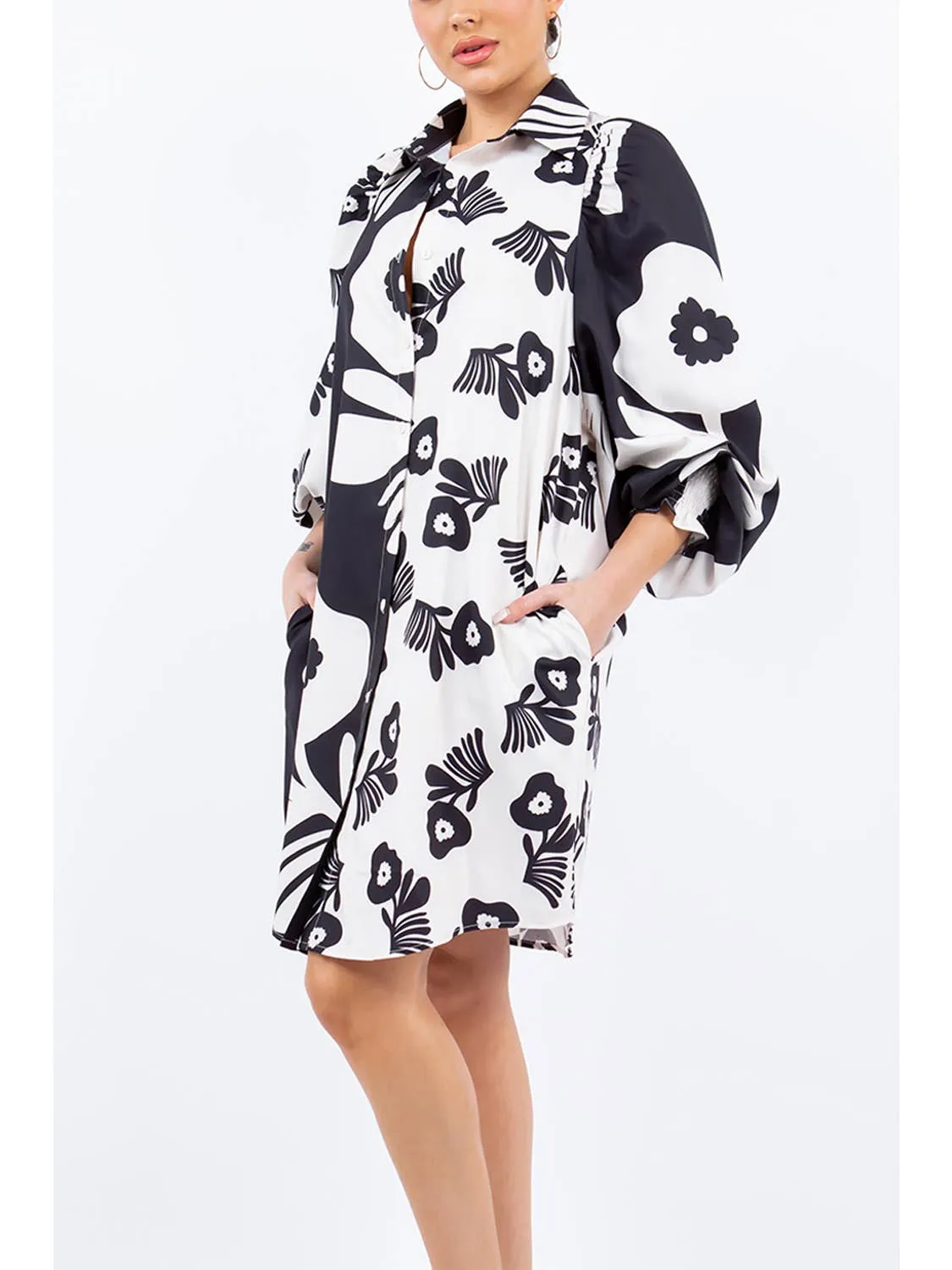 Button - Down Black & White Floral Print Shirt Dress