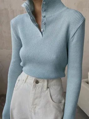 Button Up Collar Trendy Ribbed Knit Top