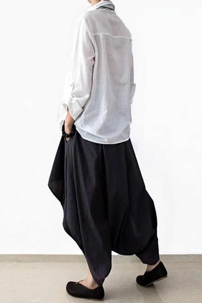 Cotton Wide Leg Pants Black Casual Loose Women Trousers P4101