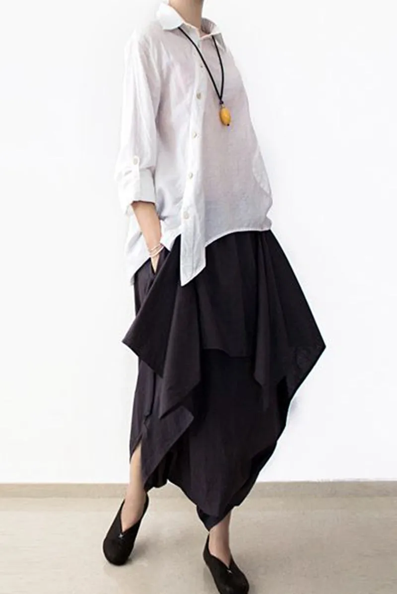 Cotton Wide Leg Pants Black Casual Loose Women Trousers P4101