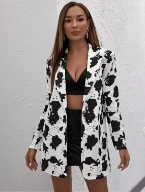 Cow Print Notch Collar Single Button Up Blazer