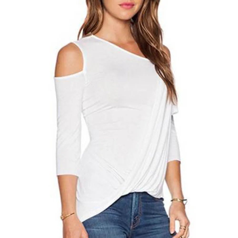 Cut Out Shoulder 3/4 Sleeve Asymmetric Casual Loose Fit Top