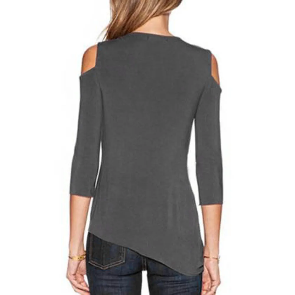 Cut Out Shoulder 3/4 Sleeve Asymmetric Casual Loose Fit Top