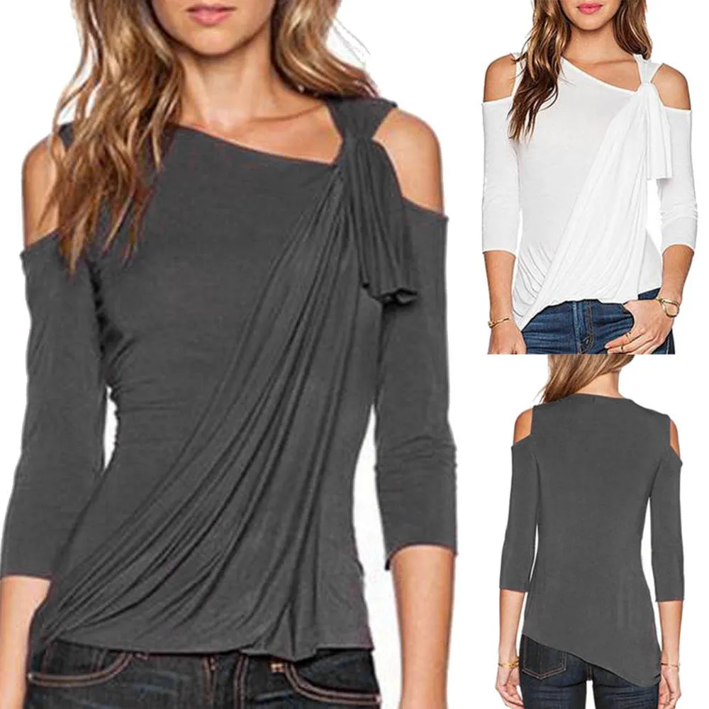 Cut Out Shoulder 3/4 Sleeve Asymmetric Casual Loose Fit Top