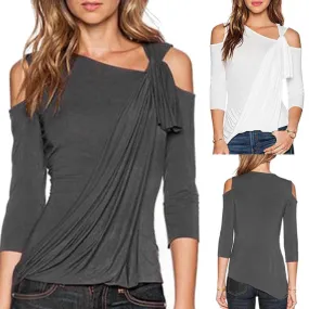 Cut Out Shoulder 3/4 Sleeve Asymmetric Casual Loose Fit Top