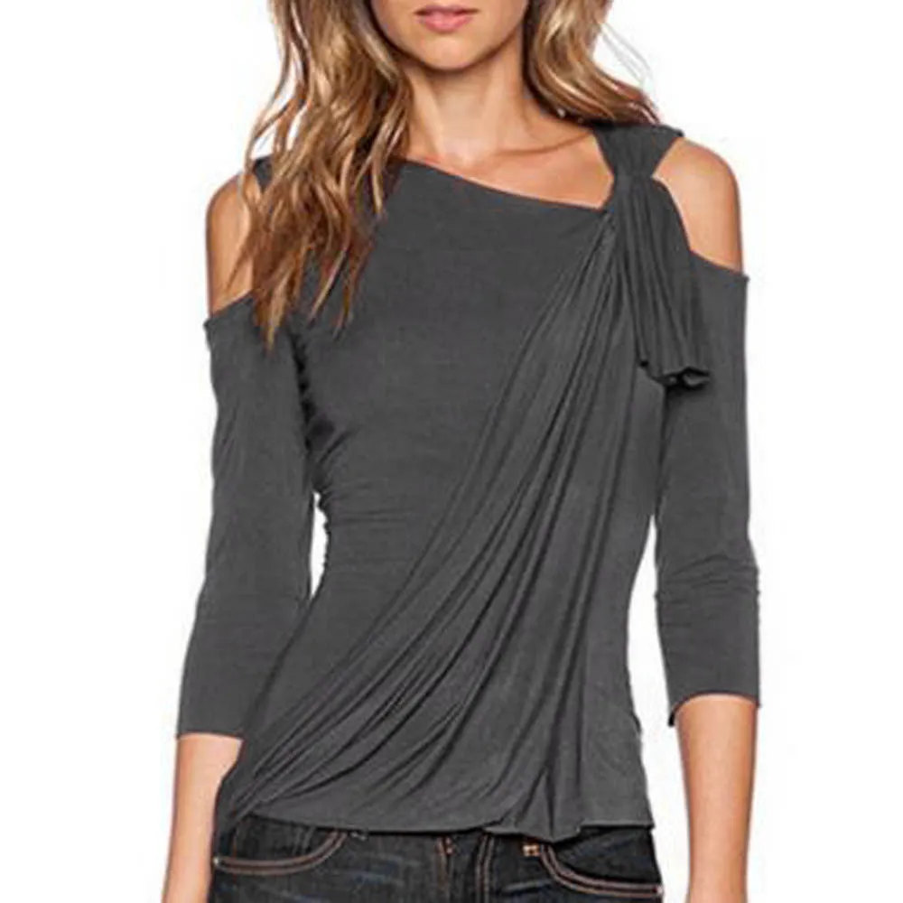 Cut Out Shoulder 3/4 Sleeve Asymmetric Casual Loose Fit Top