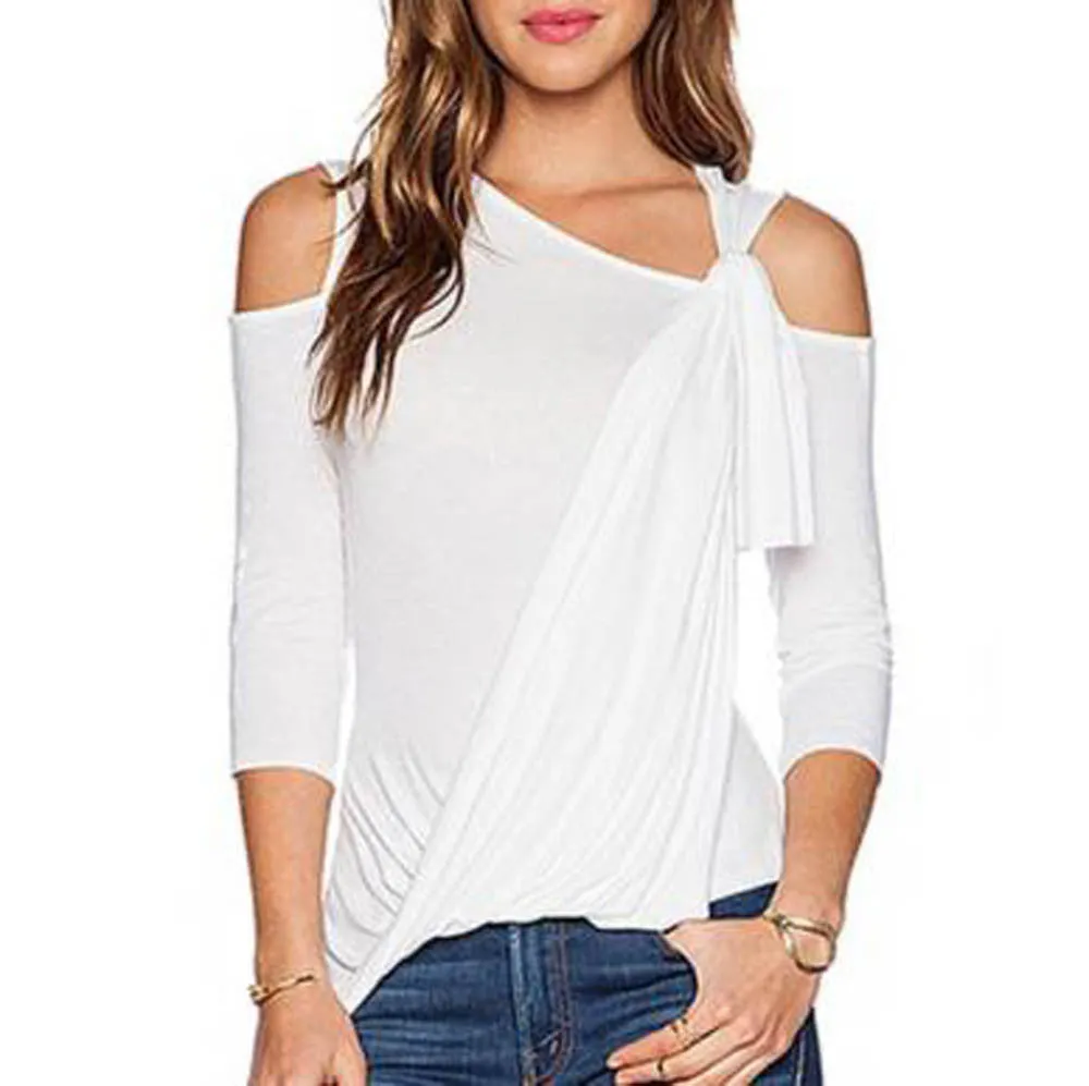 Cut Out Shoulder 3/4 Sleeve Asymmetric Casual Loose Fit Top