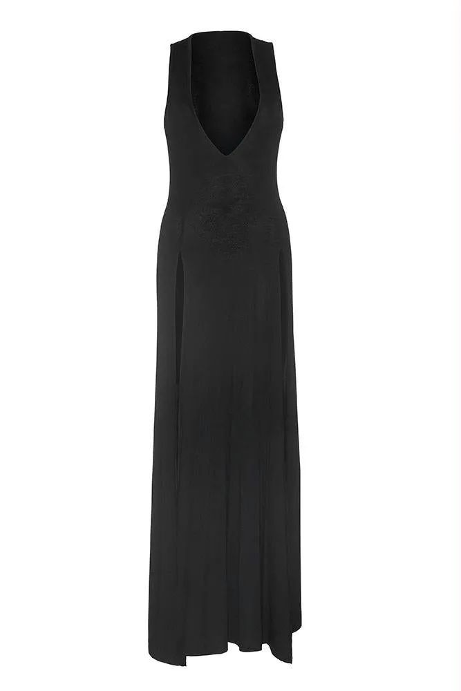 Deep-V Dual Slit Black Jersey Maxi Dress in M