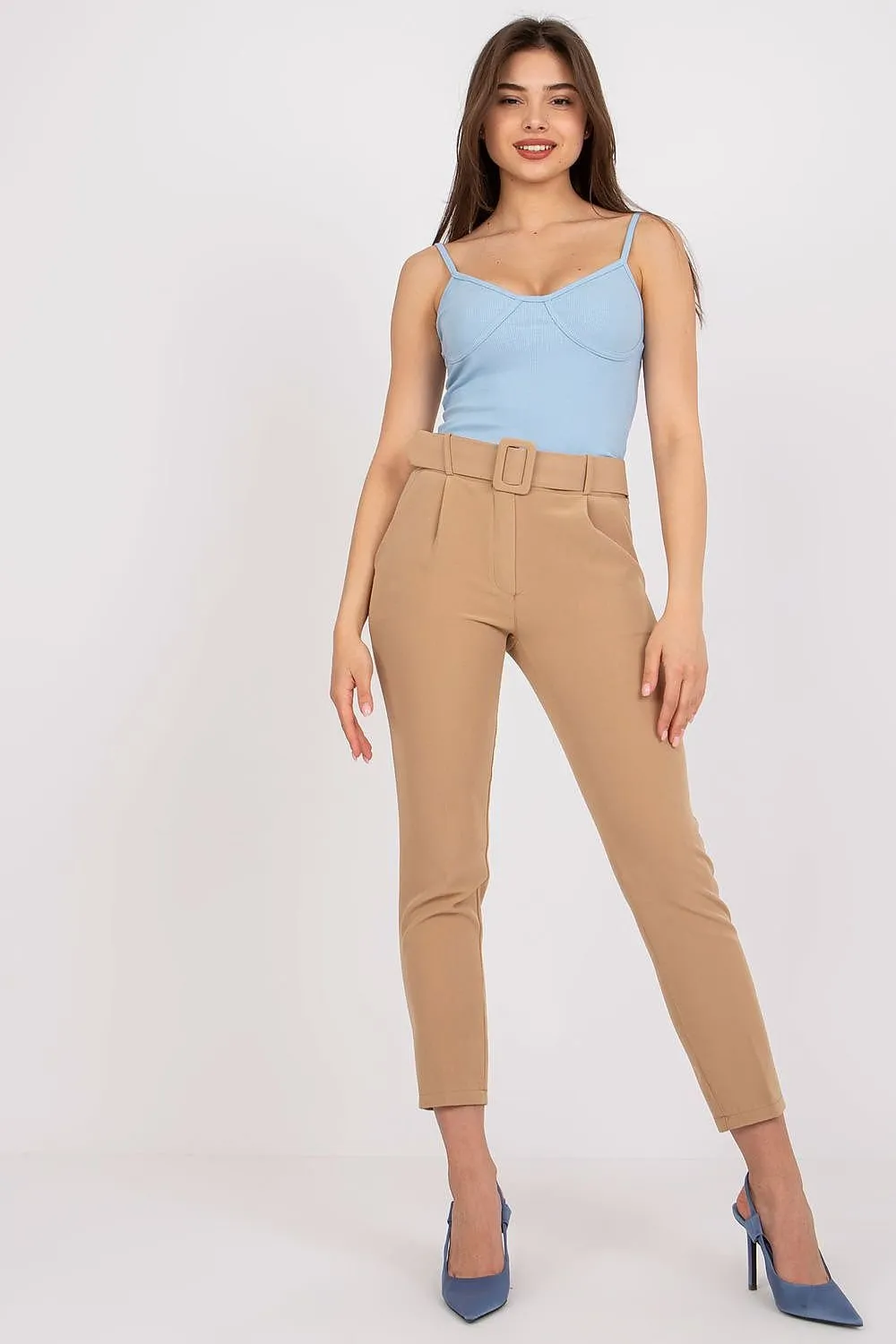 Elegant High-Waisted Pants with Chic Belt and Functional Pockets