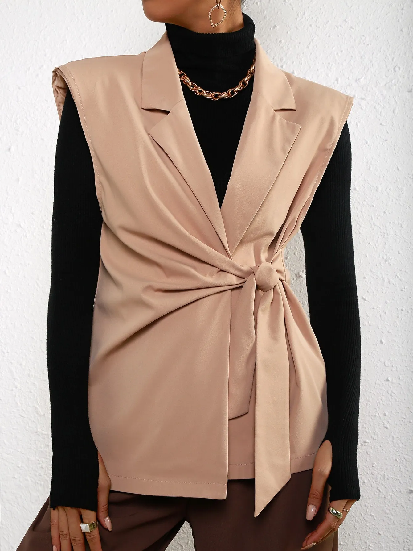 Elegant Plain Belted Sleeveless Lapel Regular Women Blazer