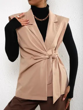 Elegant Plain Belted Sleeveless Lapel Regular Women Blazer