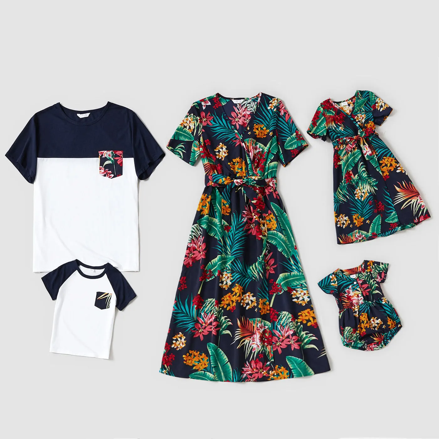 Family Matching All Over Floral Print Short-sleeve Belted Dresses and Colorblock T-shirts Sets