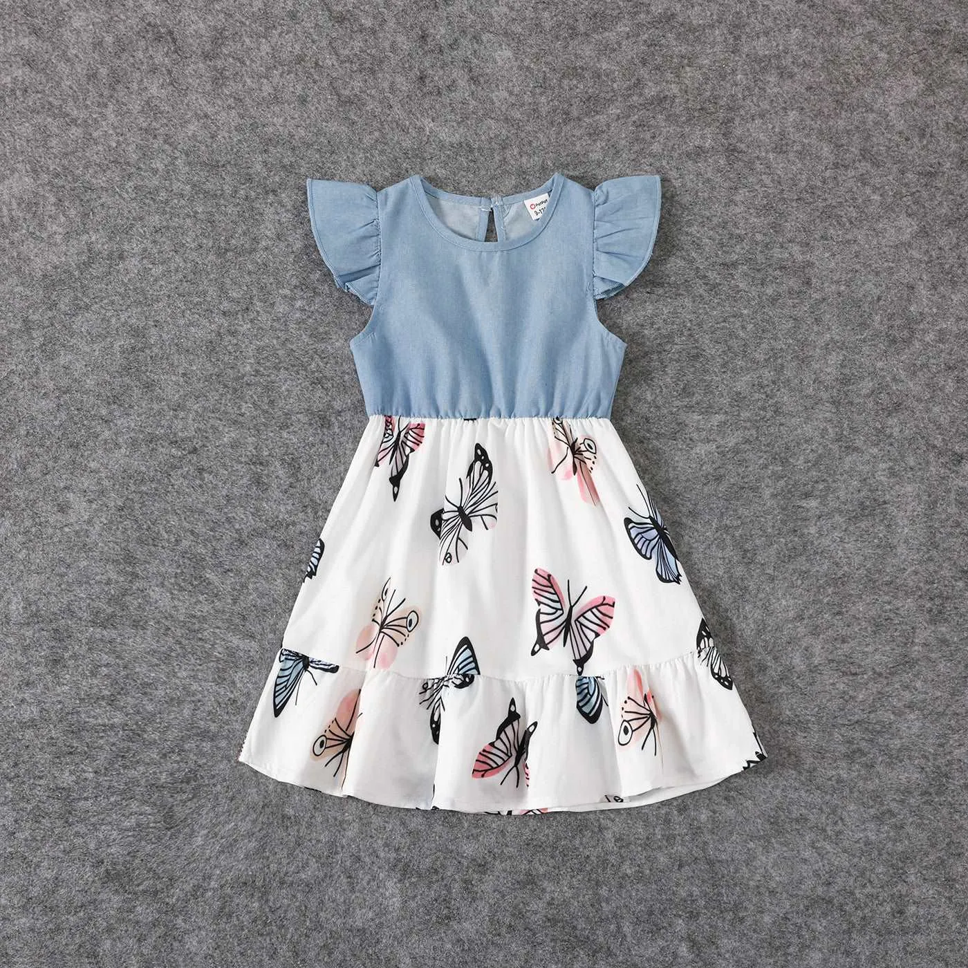 Family Matching Allover Butterfly Print Off Shoulder Puff-sleeve Shirred Dresses and Short-sleeve Denim Shirts Sets