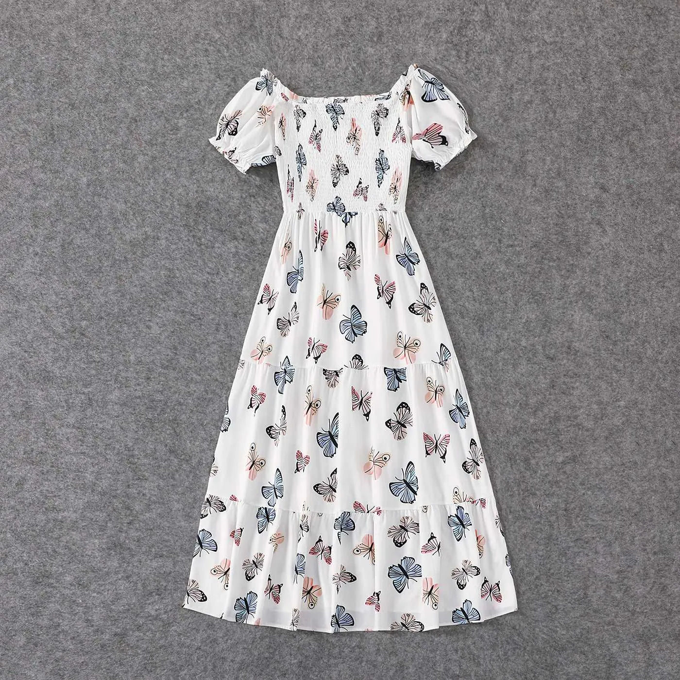 Family Matching Allover Butterfly Print Off Shoulder Puff-sleeve Shirred Dresses and Short-sleeve Denim Shirts Sets