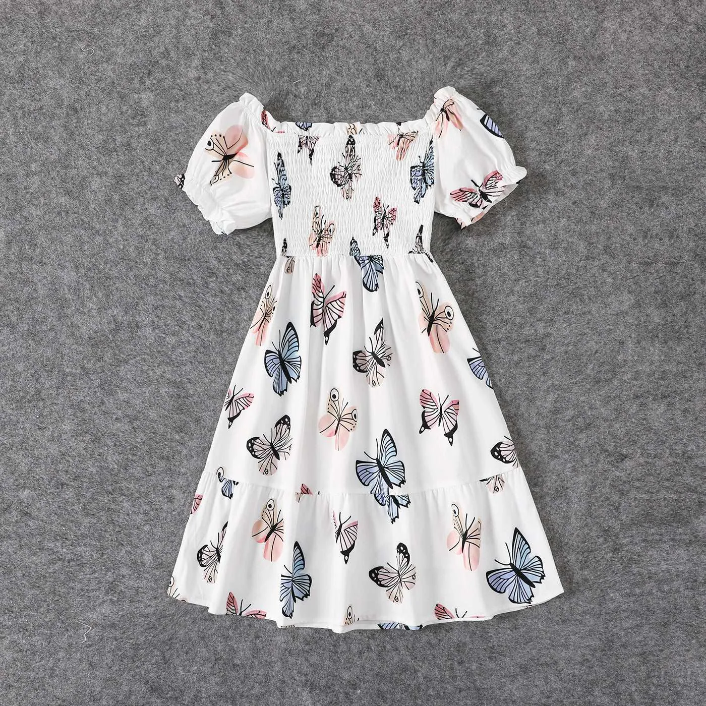 Family Matching Allover Butterfly Print Off Shoulder Puff-sleeve Shirred Dresses and Short-sleeve Denim Shirts Sets