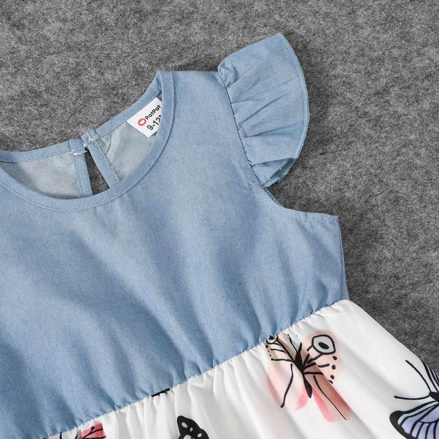 Family Matching Allover Butterfly Print Off Shoulder Puff-sleeve Shirred Dresses and Short-sleeve Denim Shirts Sets