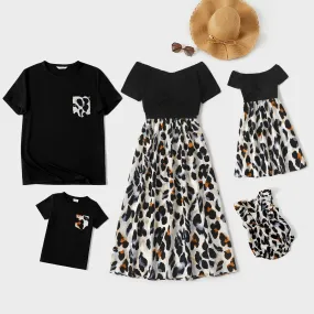 Family Matching Black Splice Leopard Off Shoulder Crisscross Front Short-sleeve Dresses and T-shirts Sets