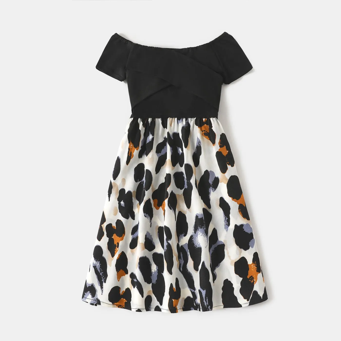 Family Matching Black Splice Leopard Off Shoulder Crisscross Front Short-sleeve Dresses and T-shirts Sets