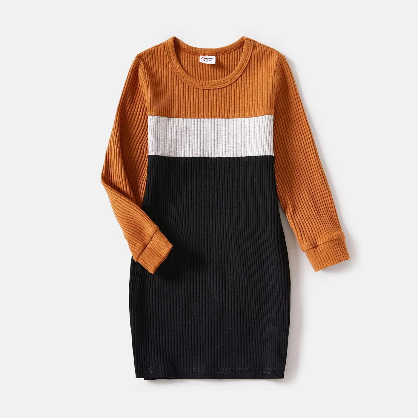 Family Matching Colorblock Rib Knit Long-sleeve Bodycon Dresses and Tops Sets