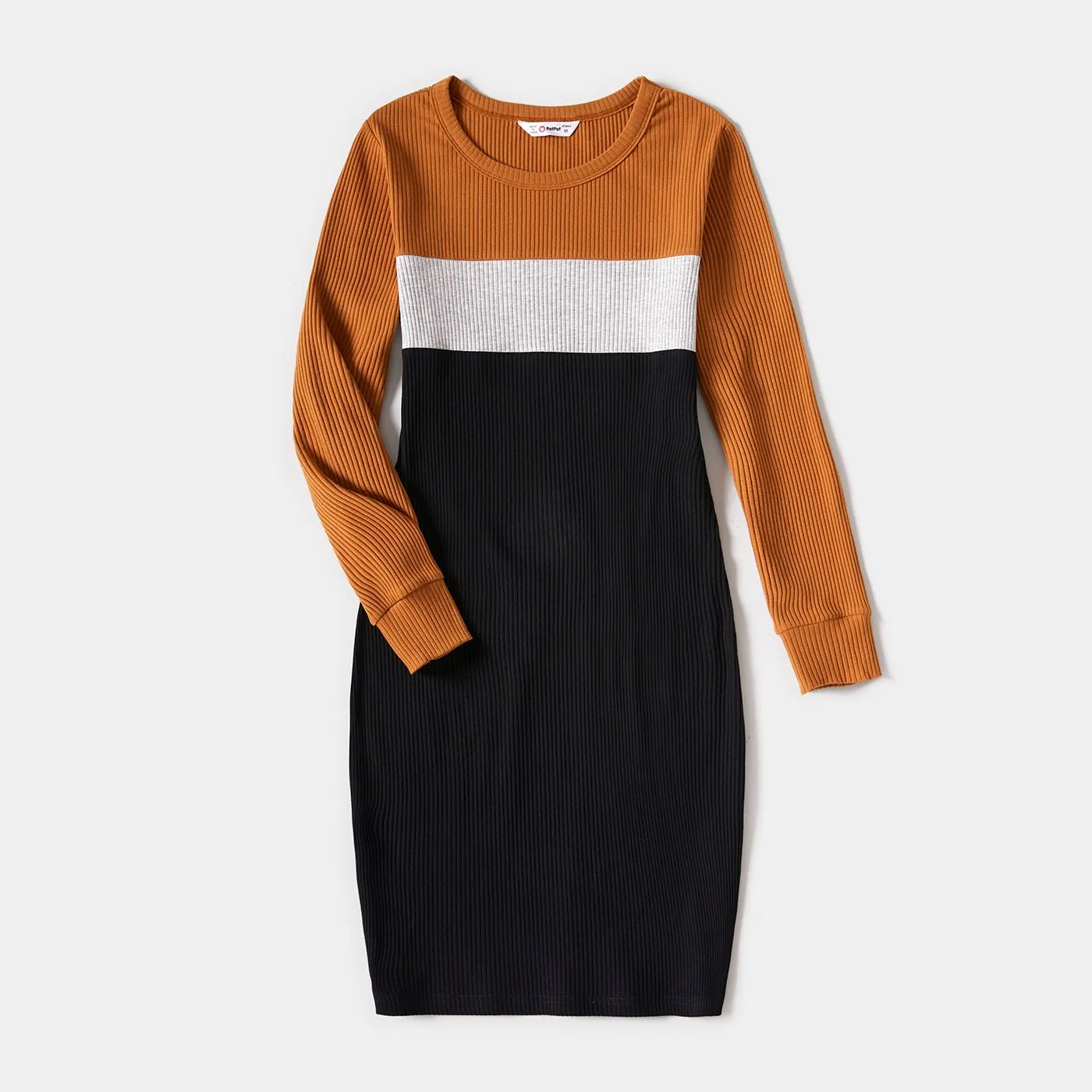 Family Matching Colorblock Rib Knit Long-sleeve Bodycon Dresses and Tops Sets