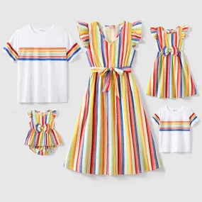 Family Matching Colorful Striped V Neck Flutter-sleeve Dresses and Short-sleeve T-shirts Sets