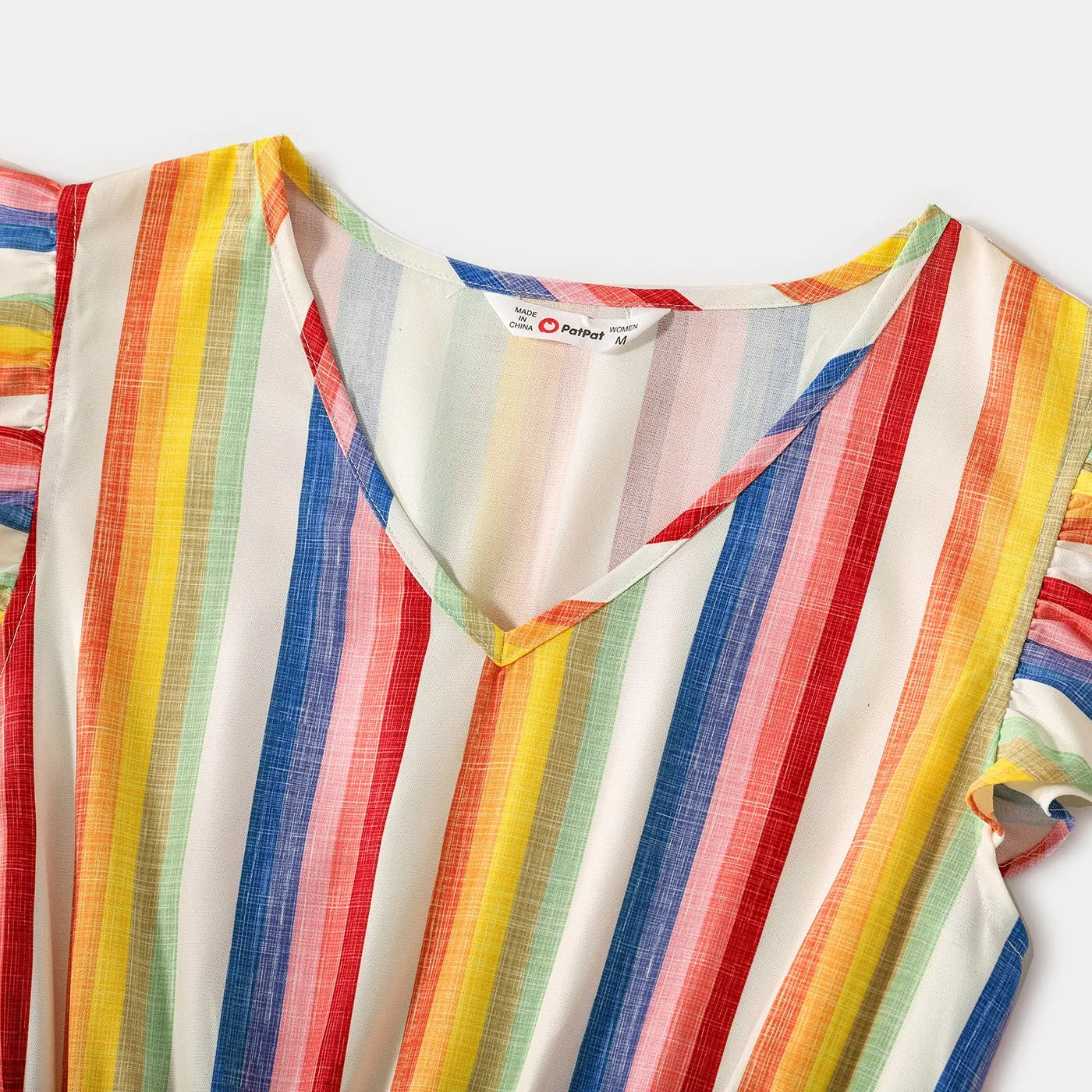 Family Matching Colorful Striped V Neck Flutter-sleeve Dresses and Short-sleeve T-shirts Sets