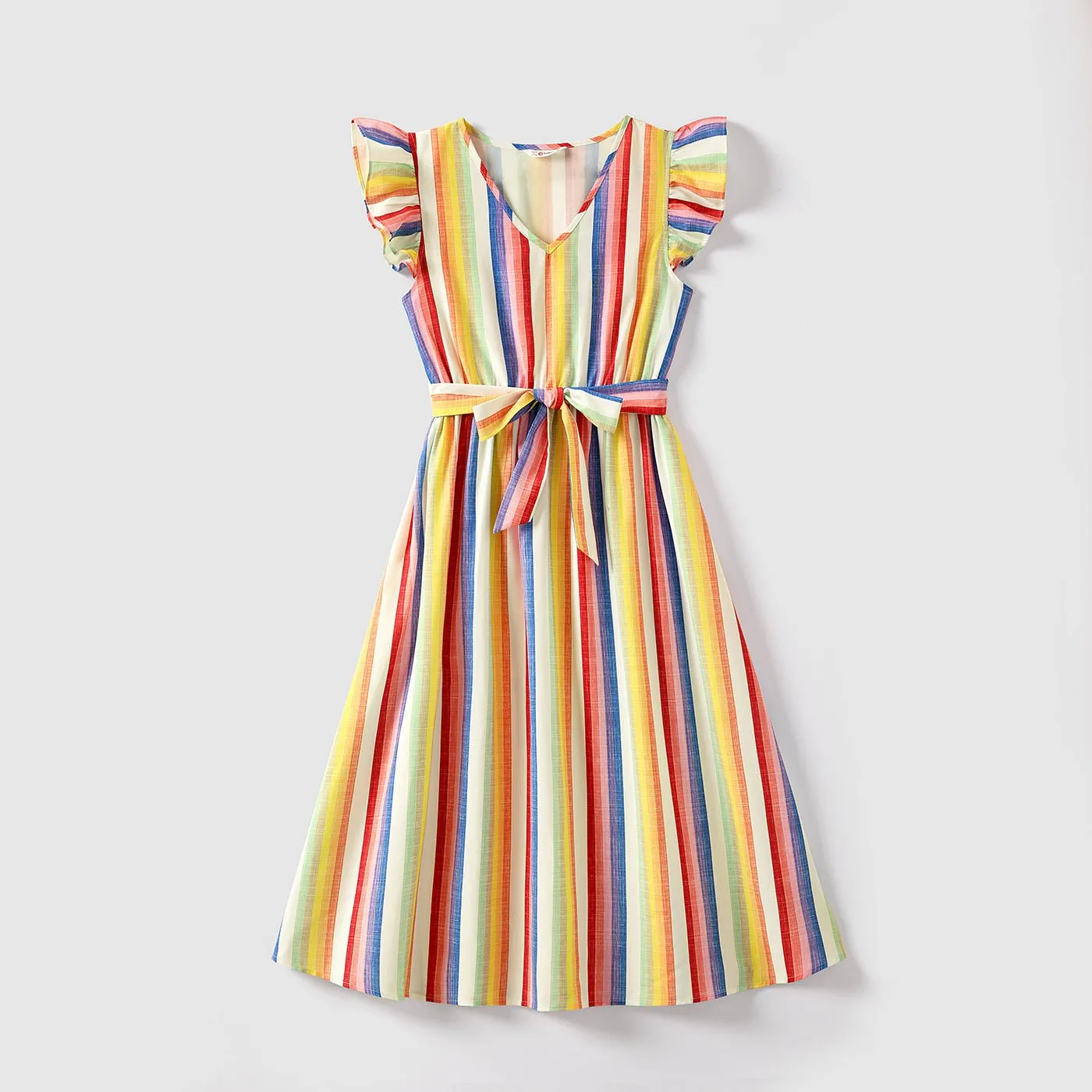 Family Matching Colorful Striped V Neck Flutter-sleeve Dresses and Short-sleeve T-shirts Sets