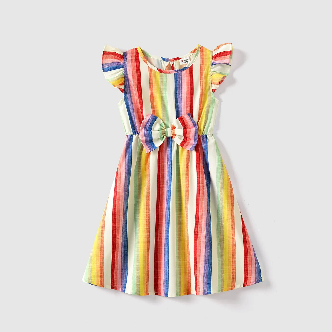 Family Matching Colorful Striped V Neck Flutter-sleeve Dresses and Short-sleeve T-shirts Sets