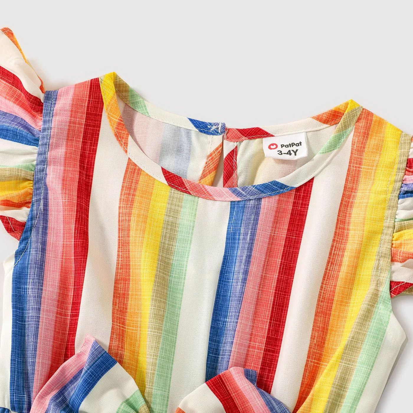 Family Matching Colorful Striped V Neck Flutter-sleeve Dresses and Short-sleeve T-shirts Sets