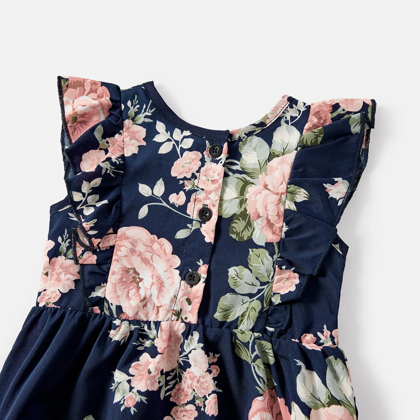 Family Matching Cotton Short-sleeve Spliced Tee and Allover Floral Print Flutter-sleeve Belted Dresses Sets