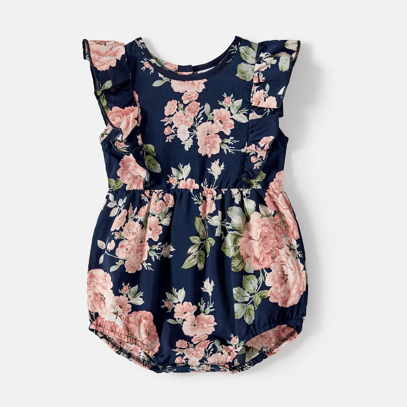 Family Matching Cotton Short-sleeve Spliced Tee and Allover Floral Print Flutter-sleeve Belted Dresses Sets