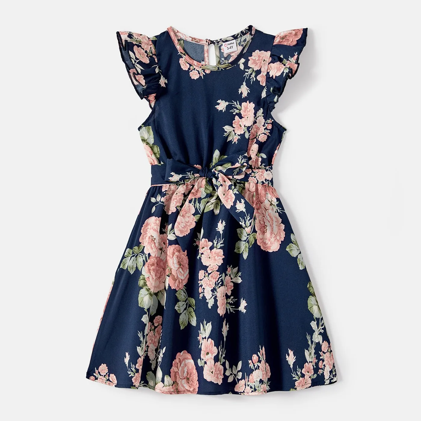 Family Matching Cotton Short-sleeve Spliced Tee and Allover Floral Print Flutter-sleeve Belted Dresses Sets