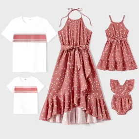 Family Matching Cotton Short-sleeve Striped T-shirts and Polka Dot Print Halter Ruffle Trim Dresses Sets