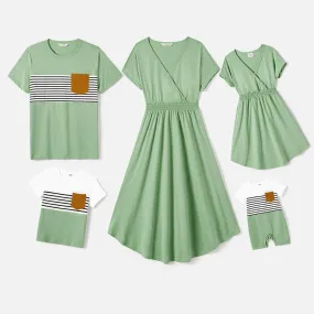 Family Matching Curved Hem Corset Waist Dresses and Striped Panel Short-sleeve T-shirts Sets