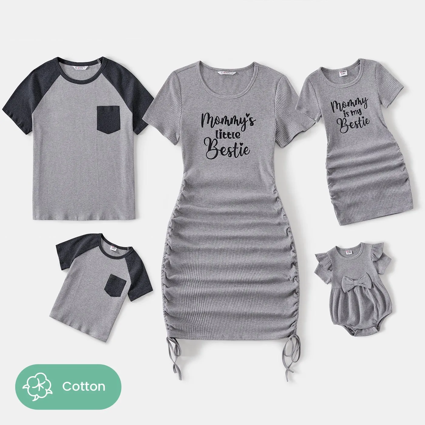 Family Matching Letter Print Drawstring Ruched Side Short-sleeve Dresses and Cotton Colorblock T-shirts Sets