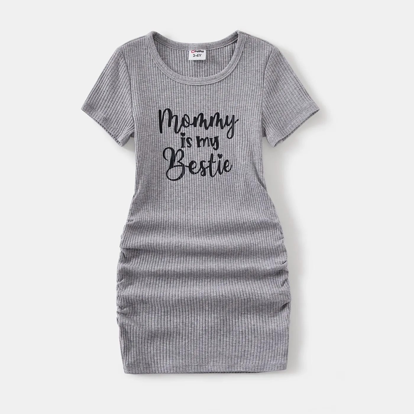 Family Matching Letter Print Drawstring Ruched Side Short-sleeve Dresses and Cotton Colorblock T-shirts Sets