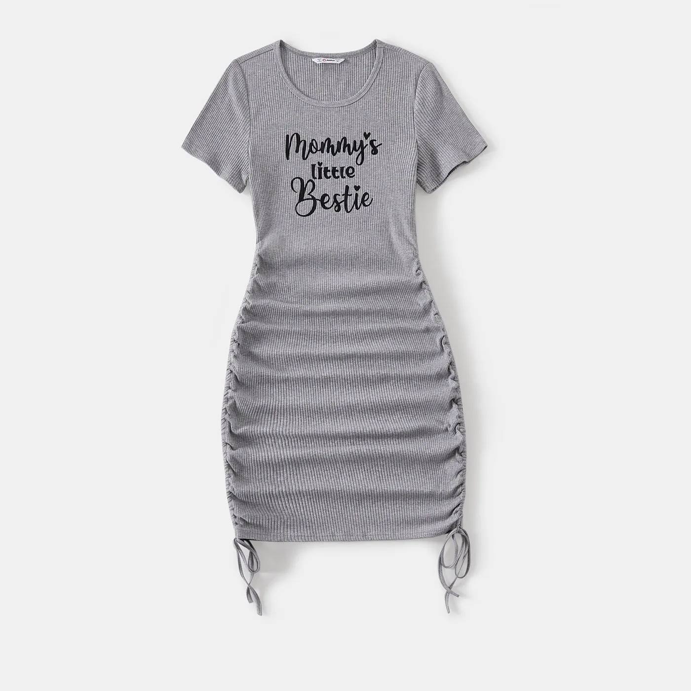 Family Matching Letter Print Drawstring Ruched Side Short-sleeve Dresses and Cotton Colorblock T-shirts Sets