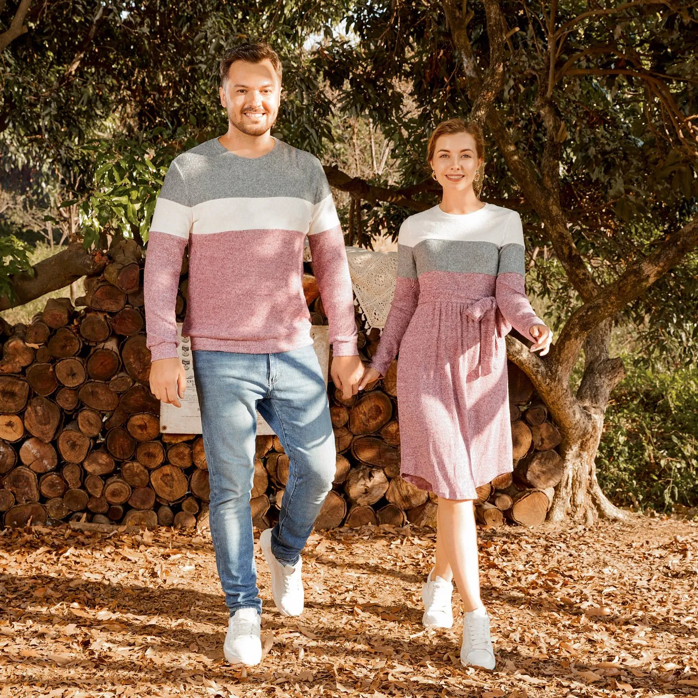 Family Matching Long-sleeve Colorblock Rib Knit Belted Dresses and Pullover Sets